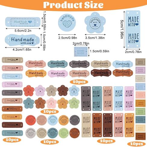 50Pcs Handmade with Love Tags, Colorful PU Leather Tags with Holes Crochet Tags Sewing Labels for Handmade Items Handmade Embossed Tag for DIY Crafts Knitting Shoes Hat Clothes Accessories in Saudi Arabia