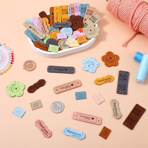 50Pcs Handmade with Love Tags, Colorful PU Leather Tags with Holes Crochet Tags Sewing Labels for Handmade Items Handmade Embossed Tag for DIY Crafts Knitting Shoes Hat Clothes Accessories in Saudi Arabia