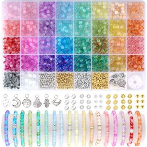 Funtopia 1436pcs 6mm Glass Beads for Bracelets, 34 Colors Crystal Beads for Jewelry Making, Round Glass Beads for DIY Earrings Necklace Crafts with Spacer Beads and Charms, Solid and Gradient Colors in Kuwait