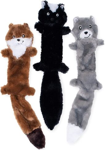 ZippyPaws Skinny Peltz - Chipmunk, Lemur, Monkey - No Stuffing Squeaky Dog Toys, Unstuffed Chew Toy for Small & Medium Breeds, Bulk Multi-Pack of 3 Soft Plush Toys, Flat No Stuffing Puppy Toys - 18" in Kuwait