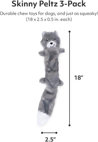 ZippyPaws Skinny Peltz - Chipmunk, Lemur, Monkey - No Stuffing Squeaky Dog Toys, Unstuffed Chew Toy for Small & Medium Breeds, Bulk Multi-Pack of 3 Soft Plush Toys, Flat No Stuffing Puppy Toys - 18" in Kuwait