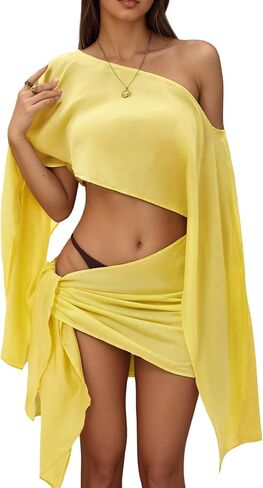 Women's Linen 2 Piece Set Bathing Suit Cover Up Y2K Long Bell Sleeve Wrap Mini Skirt Sarong Bikini Swimsuit Coverup in Kuwait