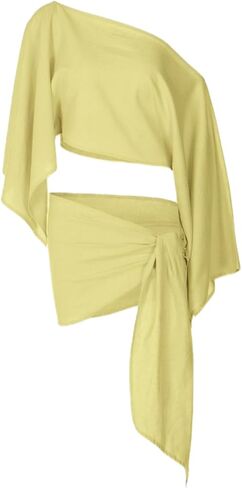 Women's Linen 2 Piece Set Bathing Suit Cover Up Y2K Long Bell Sleeve Wrap Mini Skirt Sarong Bikini Swimsuit Coverup in Kuwait