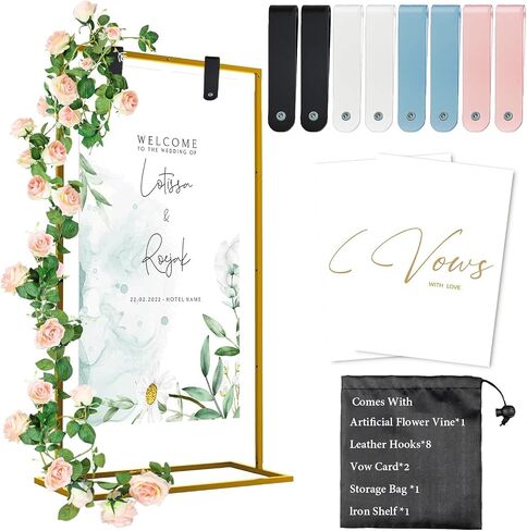 موقف علامة ترحيب زفاف ، 57x31x15 Stand Stand for Sign with Leather Straps و Flower Vine و Fow Card و Welcome to Wedding Sign Stand Holder و Heavy Duty Floor Stand For Wedding Birthday Party in Saudi Arabia