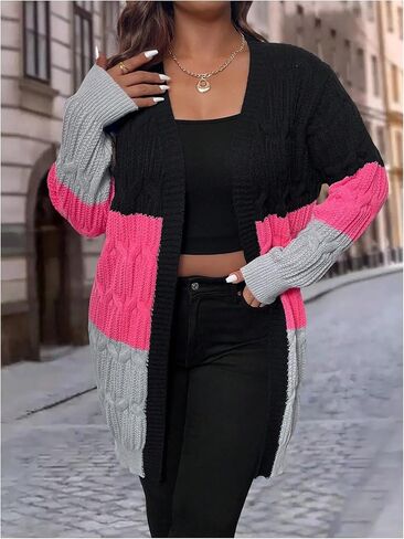 SOLY HUX Women's Plus Size Color Block Cardigan Sweater Open Front Long Sleeve Casual Cardigans in Kuwait
