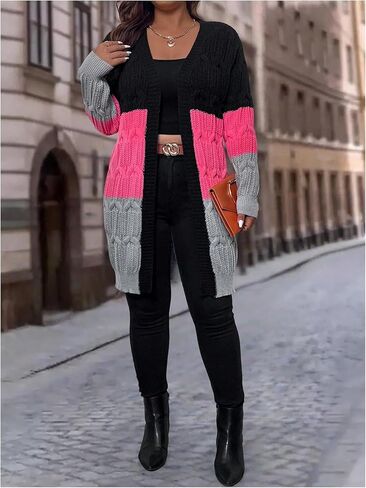 SOLY HUX Women's Plus Size Color Block Cardigan Sweater Open Front Long Sleeve Casual Cardigans in Kuwait