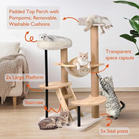 Cat Wall Furniture Shelves - 5 Pcs Wall-Mounted Cat Furniture, Including 2 Cat Steps, 1 Perches, 1 Cat Hammock, 1 Sisal Cat Scratcher Post, DIY Cat Walls Playground for Large Cats in Kuwait