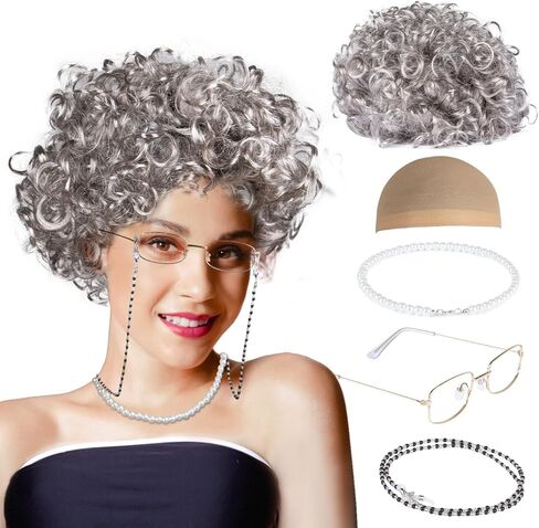 Granny Wig Old Lady Costume Set Old Lady Light Gray Granny Wig Glasses Wig Cap Faux Pearl Bead Necklace Glasses Chain for Party Halloween in Saudi Arabia