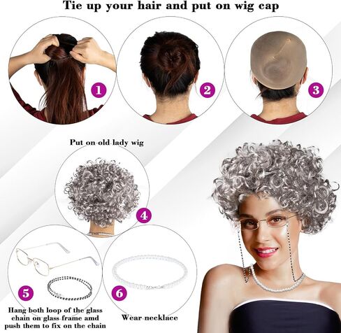 Granny Wig Old Lady Costume Set Old Lady Light Gray Granny Wig Glasses Wig Cap Faux Pearl Bead Necklace Glasses Chain for Party Halloween in Saudi Arabia