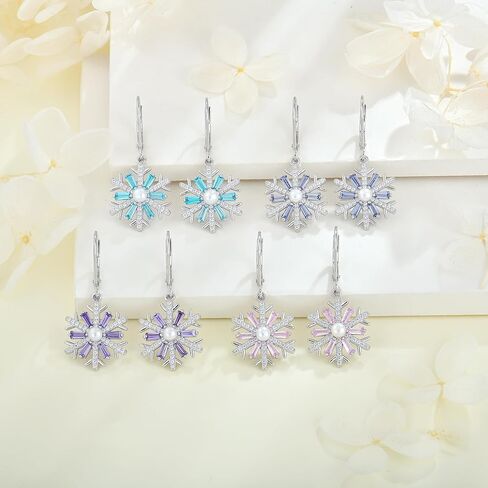 Snowflakes Earrings Sterling Silver Dangle Drop Earrings Pearl Birthstone Snowflakes Jewelry for Women in Kuwait