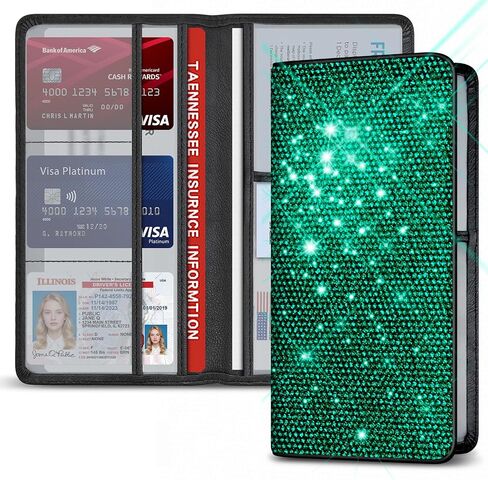 Bling Car Registration and Insurance Holder Crystal Rhinestone Car Paperwork Organizer for Women Diamond Id Card Holder（Long Bling White） in Kuwait