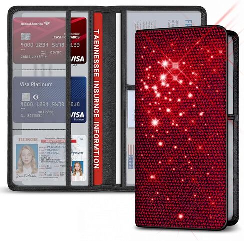 Bling Car Registration and Insurance Holder Crystal Rhinestone Car Paperwork Organizer for Women Diamond Id Card Holder（Long Bling White） in Kuwait
