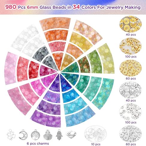 Funtopia 1436pcs 6 مم حبات زجاجية 6 ملم للأساور ، 34 لونًا من الخرز البلوري لصنع المجوهرات ، والخرز الزجاجي المستدير للحرف اليدوية لأقراط DIY مع حبات الفواصل والسحر ، وألوان الصلبة والتعطيل in Kuwait