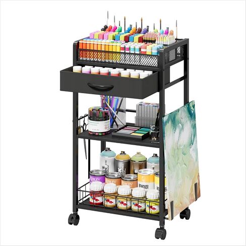 3 Tier Rolling Cart - Metal Utility Cart with Storage Drawer and Wheels, Versatile Art & Craft Organizer for Home, Office, or Studio Ideal for Storing Brushes, Paints, and Supplies Brown in Saudi Arabia
