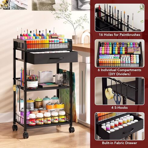 3 Tier Rolling Cart - Metal Utility Cart with Storage Drawer and Wheels, Versatile Art & Craft Organizer for Home, Office, or Studio Ideal for Storing Brushes, Paints, and Supplies Brown in Saudi Arabia