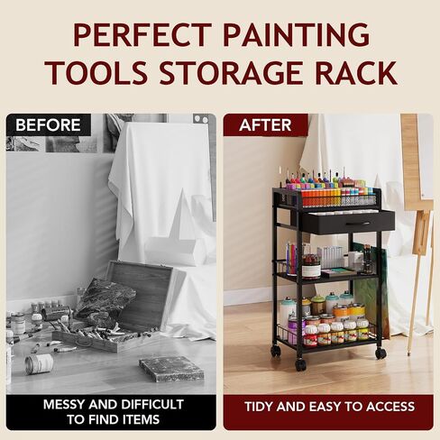 3 Tier Rolling Cart - Metal Utility Cart with Storage Drawer and Wheels, Versatile Art & Craft Organizer for Home, Office, or Studio Ideal for Storing Brushes, Paints, and Supplies Brown in Saudi Arabia