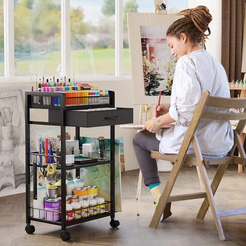 3 Tier Rolling Cart - Metal Utility Cart with Storage Drawer and Wheels, Versatile Art & Craft Organizer for Home, Office, or Studio Ideal for Storing Brushes, Paints, and Supplies Brown in Saudi Arabia