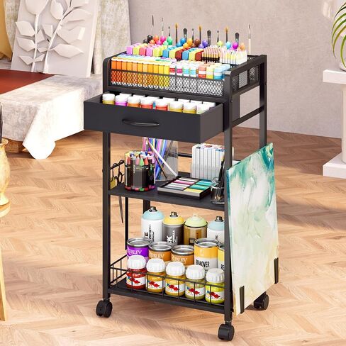 3 Tier Rolling Cart - Metal Utility Cart with Storage Drawer and Wheels, Versatile Art & Craft Organizer for Home, Office, or Studio Ideal for Storing Brushes, Paints, and Supplies Brown in Saudi Arabia