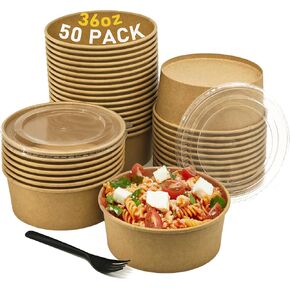 50Pack Disposable Kraft Paper Bowls with Lids & Forks 36oz (1100ml) Round Food Containers Heavy Duty Serving Bowls for Hot/Cold Food Soups Salads Take Out Containers for Household & Restaurant & Party in Saudi Arabia
