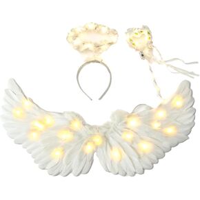أجنحة الملاك مقاس 31.5 بوصة للأطفال، أجنحة الملاك البيضاء، هالة وعصا خرافية للفتيات والنساء، زي جناح الملاك المضيء الكبير للكبار، ديكور حفلات الهالوين وعيد الميلاد in Kuwait