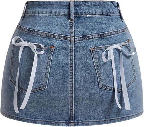 WDIRARA Women's Bowknot High Waist Denim Skirt Y2k Bodycon Mini Skirts with Pockets in Saudi Arabia
