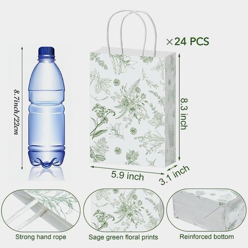 Gueevin 24 Pcs Floral Gift Bags Bulk Flower Paper Party Bags with Handles Decorative Packaging Goodie Candy Treat Pouches for Wedding Birthday Party Favors, 5.9 x 8.3 x 3.1 Inch(Sage Green) in Saudi Arabia