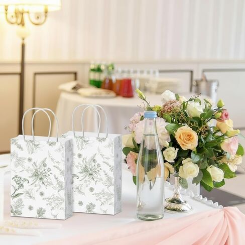 Gueevin 24 Pcs Floral Gift Bags Bulk Flower Paper Party Bags with Handles Decorative Packaging Goodie Candy Treat Pouches for Wedding Birthday Party Favors, 5.9 x 8.3 x 3.1 Inch(Sage Green) in Saudi Arabia