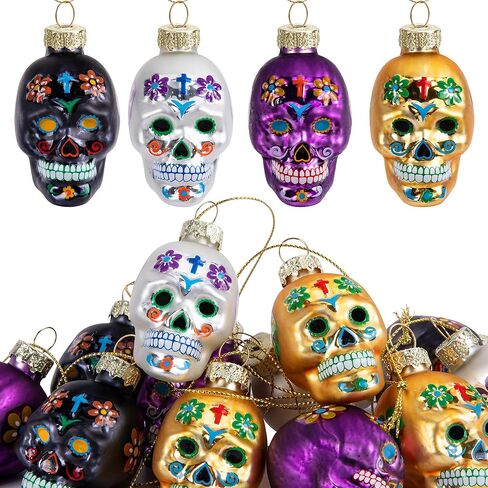 12 قطعة من الحلي الزجاجية ليوم الموتى - زخارف جمجمة السكر Dia De Los Muertos - زينة رأس هيكل عظمي معلقة للهالوين لتزيين شجرة عيد الميلاد in Kuwait