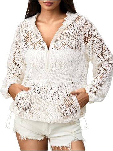 MakeMeChic Women's Lace Sheer Hollow Out Hooded Sweatshirts Half Zip Loose Hoodie Tops in Saudi Arabia