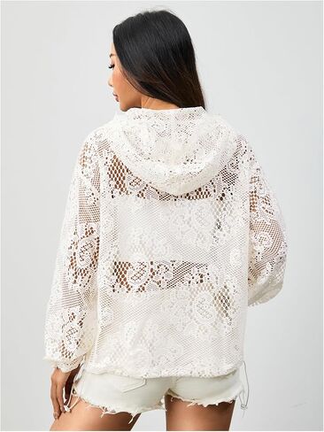 MakeMeChic Women's Lace Sheer Hollow Out Hooded Sweatshirts Half Zip Loose Hoodie Tops in Saudi Arabia