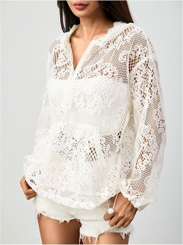 MakeMeChic Women's Lace Sheer Hollow Out Hooded Sweatshirts Half Zip Loose Hoodie Tops in Saudi Arabia