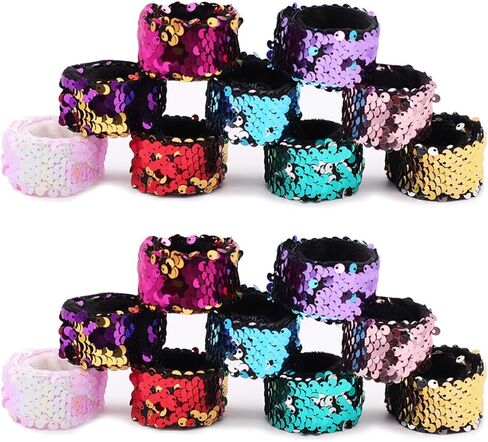 Childom 20 Pack Slap Bracelets 2-Color Reversible Charm Bracelets stage sequins horsetail buckle color ball head hair accessories hair accessories Magic Wristband in Kuwait