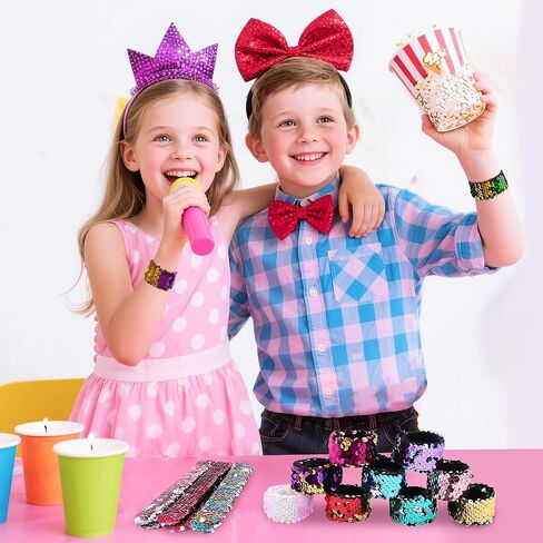 Childom 20 Pack Slap Bracelets 2-Color Reversible Charm Bracelets stage sequins horsetail buckle color ball head hair accessories hair accessories Magic Wristband in Kuwait