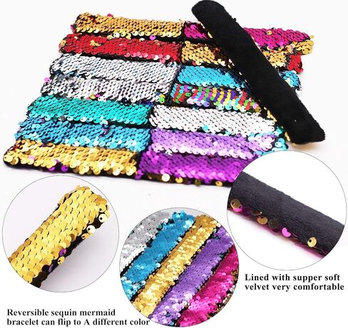 Childom 20 Pack Slap Bracelets 2-Color Reversible Charm Bracelets stage sequins horsetail buckle color ball head hair accessories hair accessories Magic Wristband in Kuwait