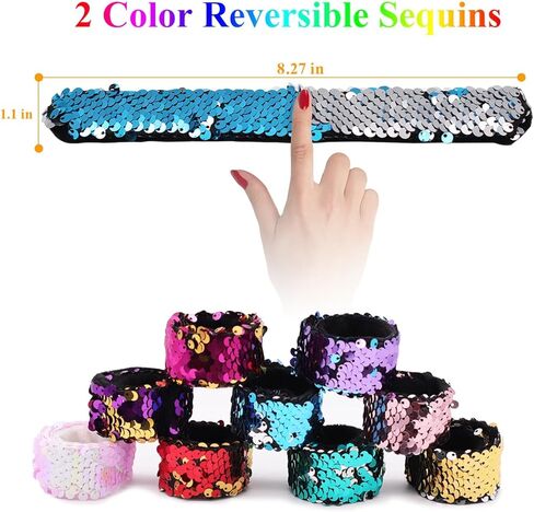 Childom 20 Pack Slap Bracelets 2-Color Reversible Charm Bracelets stage sequins horsetail buckle color ball head hair accessories hair accessories Magic Wristband in Kuwait