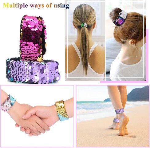 Childom 20 Pack Slap Bracelets 2-Color Reversible Charm Bracelets stage sequins horsetail buckle color ball head hair accessories hair accessories Magic Wristband in Kuwait