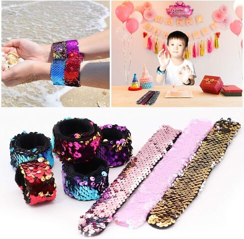 Childom 20 Pack Slap Bracelets 2-Color Reversible Charm Bracelets stage sequins horsetail buckle color ball head hair accessories hair accessories Magic Wristband in Kuwait