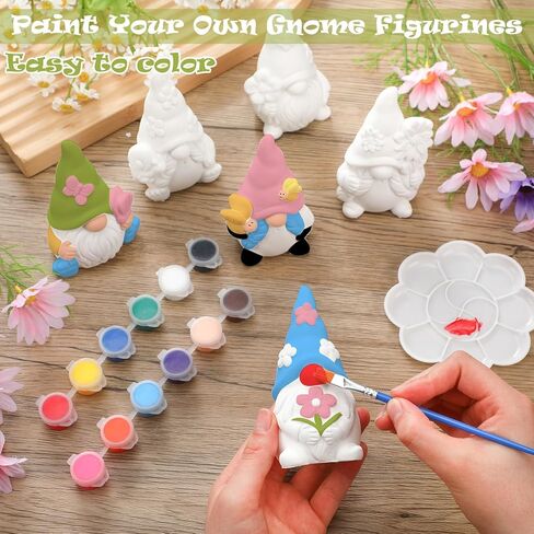 Poen 6 Sets Ready to Paint Your Own Ceramic Gnome Statues St. Patrick's Day DIY Unpainted Ceramics Figurines Kit Paintable Gnome Figurines DIY Art and Craft with Brush Palette Paint in Kuwait