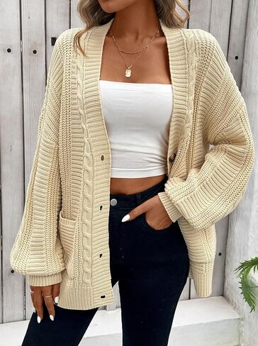 Pink Queen Women's 2024 Fall Winter Long Sleeve Cable Knit Sweater Open Front Cardigans Button Loose Outerwear in Kuwait