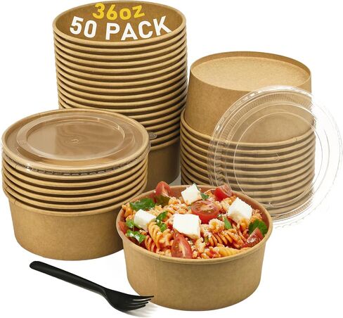 50Pack Disposable Kraft Paper Bowls with Lids & Forks 36oz (1100ml) Round Food Containers Heavy Duty Serving Bowls for Hot/Cold Food Soups Salads Take Out Containers for Household & Restaurant & Party in Saudi Arabia