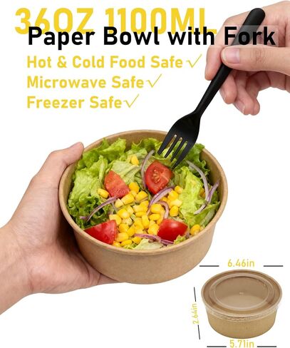 50Pack Disposable Kraft Paper Bowls with Lids & Forks 36oz (1100ml) Round Food Containers Heavy Duty Serving Bowls for Hot/Cold Food Soups Salads Take Out Containers for Household & Restaurant & Party in Saudi Arabia