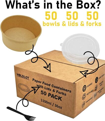 50Pack Disposable Kraft Paper Bowls with Lids & Forks 36oz (1100ml) Round Food Containers Heavy Duty Serving Bowls for Hot/Cold Food Soups Salads Take Out Containers for Household & Restaurant & Party in Saudi Arabia