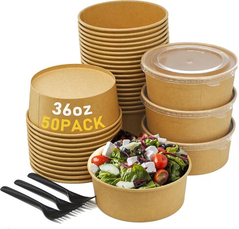 36oz (1100ml) Disposable Paper Salad Bowls with Lids & Forks 50 Pack Food Containers Heavy Duty Serving Bowls for Hot/Cold Food Soups Noodles Round Take Out Containers for Household / Party / Take-out in Saudi Arabia