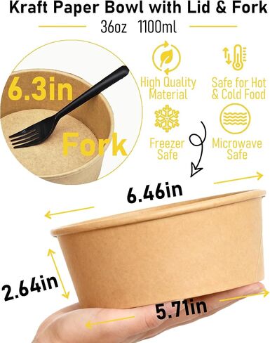 36oz (1100ml) Disposable Paper Salad Bowls with Lids & Forks 50 Pack Food Containers Heavy Duty Serving Bowls for Hot/Cold Food Soups Noodles Round Take Out Containers for Household / Party / Take-out in Saudi Arabia