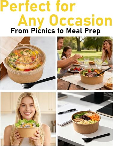 36oz (1100ml) Disposable Paper Salad Bowls with Lids & Forks 50 Pack Food Containers Heavy Duty Serving Bowls for Hot/Cold Food Soups Noodles Round Take Out Containers for Household / Party / Take-out in Saudi Arabia
