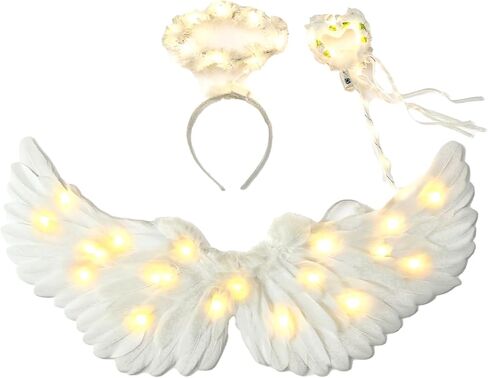 أجنحة الملاك مقاس 31.5 بوصة للأطفال، أجنحة الملاك البيضاء، هالة وعصا خرافية للفتيات والنساء، زي جناح الملاك المضيء الكبير للكبار، ديكور حفلات الهالوين وعيد الميلاد in Kuwait