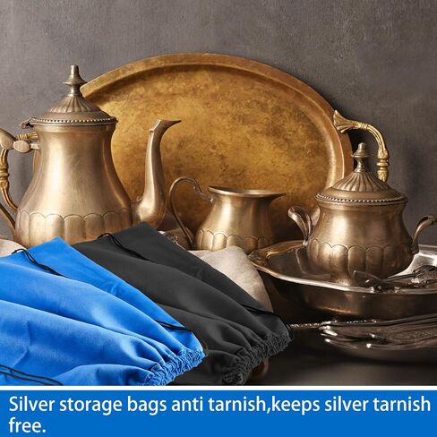 4 Pcs Silver Storage Bags Anti Tarnish 18 x 18 Inch Blue Silverware Bags with 2 Pcs Silver Polishing Cloth Fabric Silverware Protection for Jewelry, Flatware, Tray in Saudi Arabia