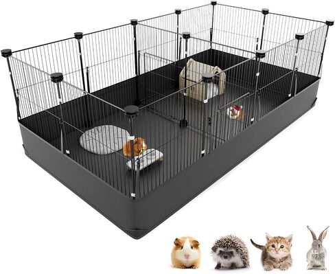 Tresbro Guinea Pig Cage with Top Cover & 12 Panels, Triple Fixing Measures Small Animal Playpen with Waterproof PVC Liner & One-Motion Hooks, 48 x 24 x 16 C&C Grids Cage for Bunny, Hedgehog, Hamster in Saudi Arabia