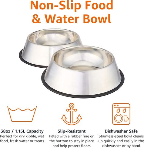 Amazon Basics Stainless Steel Non-Skid Pet Dog Water And Food Bowl, 2-Pack (10 x 2.8 Inches), Each Holds Up to 4 Cups in Saudi Arabia