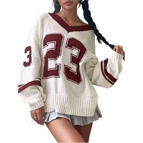 Women's Y2K Sweaters Letter Print Oversized Sweaters Long Sleeve V Neck Pullover Sweater Jumper Top Knit Jersey Shirt in Kuwait